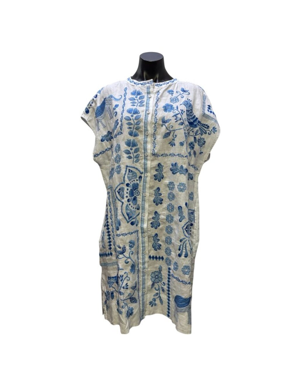 Johnny Was Linen Dress White & Blue Floral Embroidered Button-Front XL